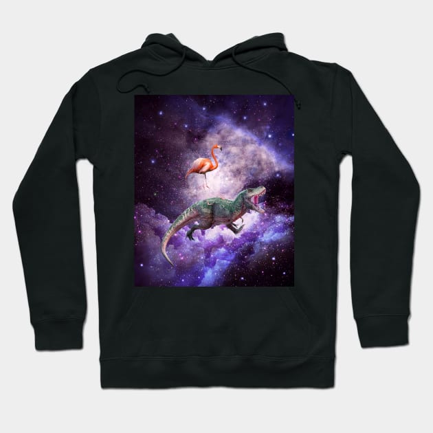 Galaxy Flamingo Riding Dinosaur In Space - Rainbow Hoodie by Random Galaxy